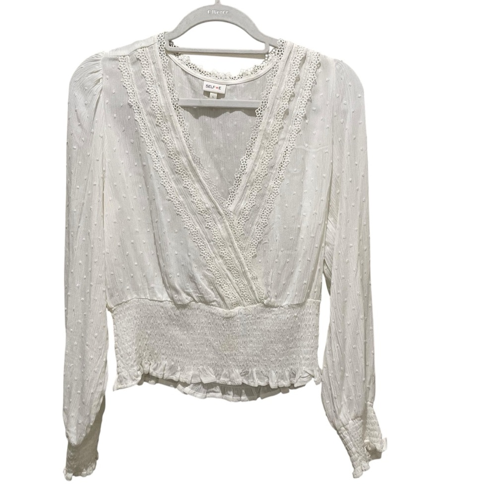 SELF E White Lace Trim Smocked Waist Blouse Size Large - Picture 2 of 9